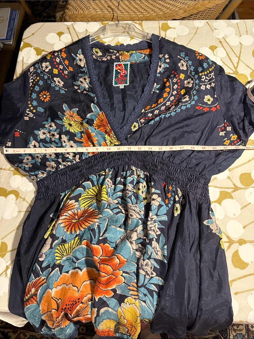 Johnny Was Navy Floral V-Neck Tunic, Gathered Waist w/Orange & Teal Accents, XL - Picture 4 of 4